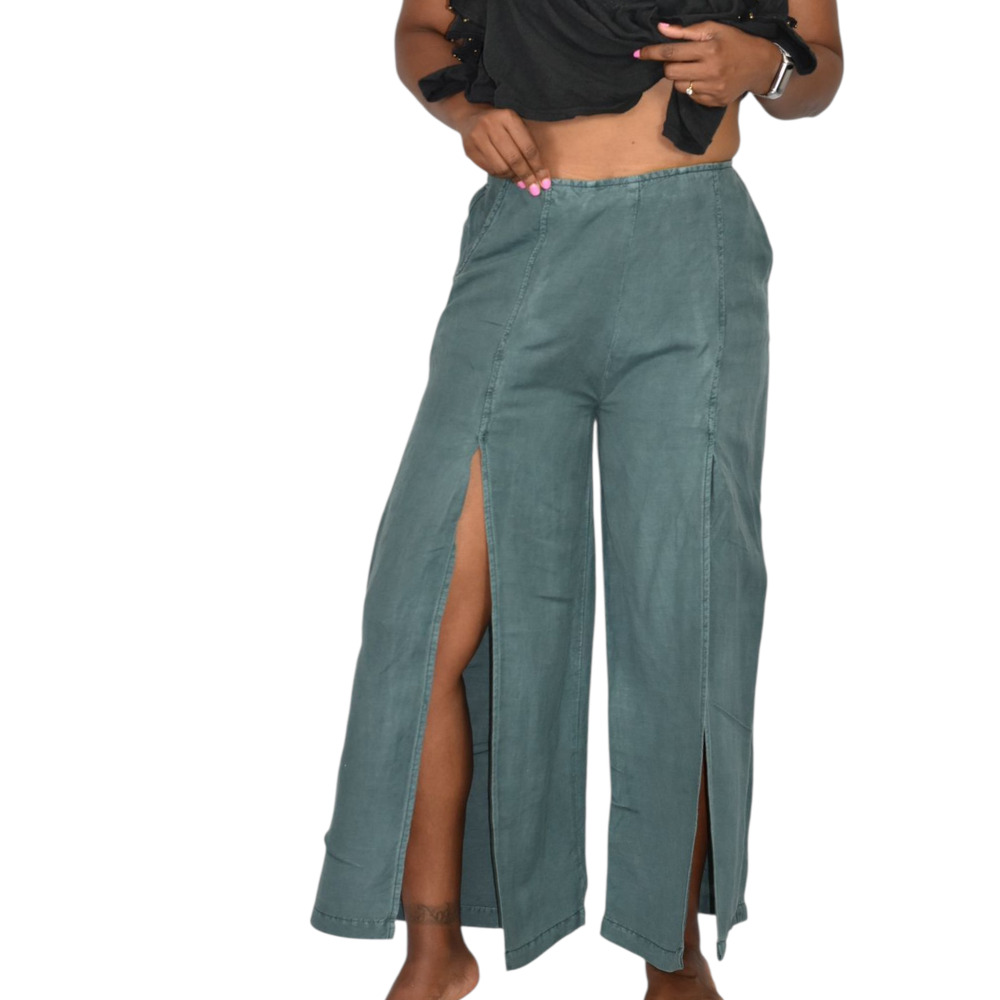 Young Fabulous Broke Cove Pant Green YFB Front Slits Crop Flare Washed Linen XS